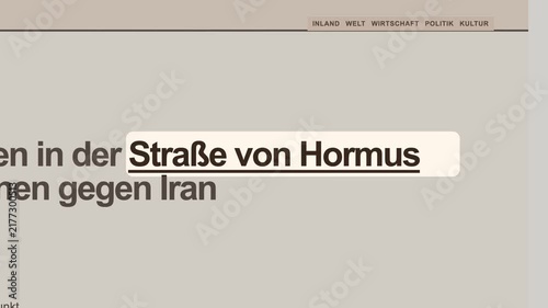 Standard Fast 4K Sequence of Fictional Online News Pages Highlighting 'Straße von Hormus' Maritime, Political, and Environmental Developments