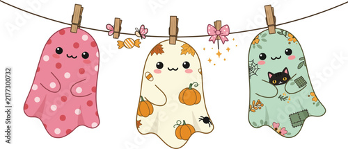 Cute cartoon ghosts hanging on a clothesline with pumpkins and autumn leaves for a fun and festive halloween celebration design