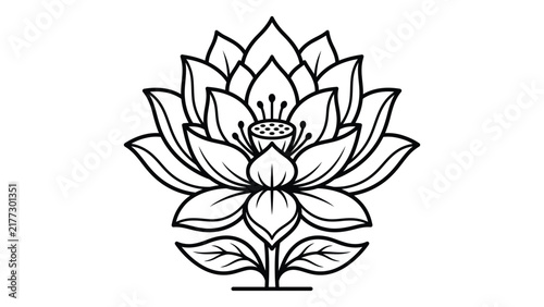Stylized lotus flower vector illustration, elegant floral design with symmetrical petals and central seed pod, clean black and white line art for tattoo, logo, or coloring page