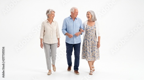 Three happy senior friends walking together and laughing, isolated on white background