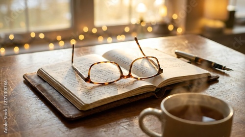 Close-up photo of reading glasses on open planner with hot coffee mug on cozy desk