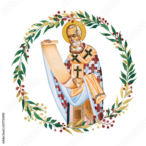 Gregory of Nazianzus. Decorative vintage floral wreath, illustration in Byzantine style isolated