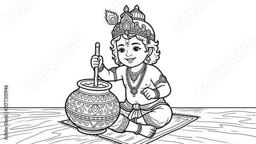 Cute baby krishna illustration, line art drawing of lord krishna with a butter pot, traditional indian deity, religious coloring page for kids