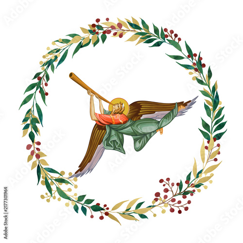 Vintage floral wreath with angel, illustration in Byzantine style