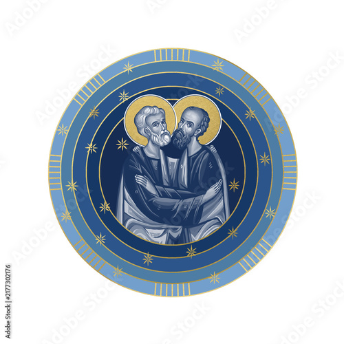 Saints Peter and Paul. Starry sky round illustration in Byzantine style isolated