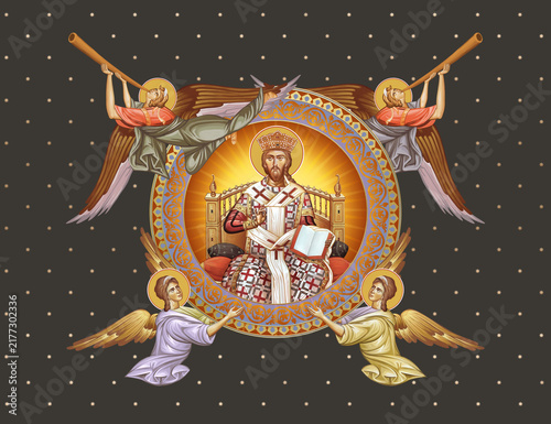 The Jesus Christ the greatest Bishop sitting on the throne. Decorative vintage illustration with angels in Byzantine style