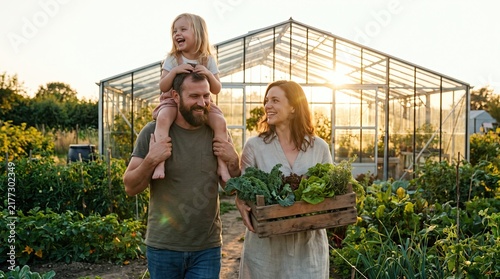 Young family harvesting organic vegetables in backyard greenhouse garden