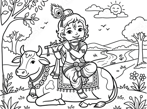 Cute cartoon lord krishna playing flute sitting on a cow in a beautiful nature landscape, coloring page for kids