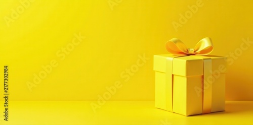 Bright yellow gift box, delicate yellow ribbons, vibrant yellow background, gift wrapping, packaging