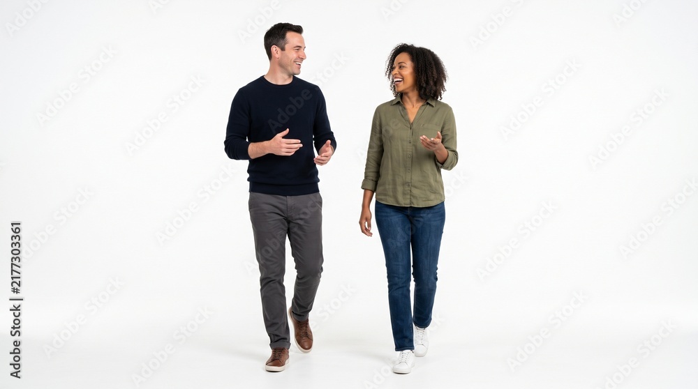 Obraz premium A man and a woman walking and talking together isolated on white background