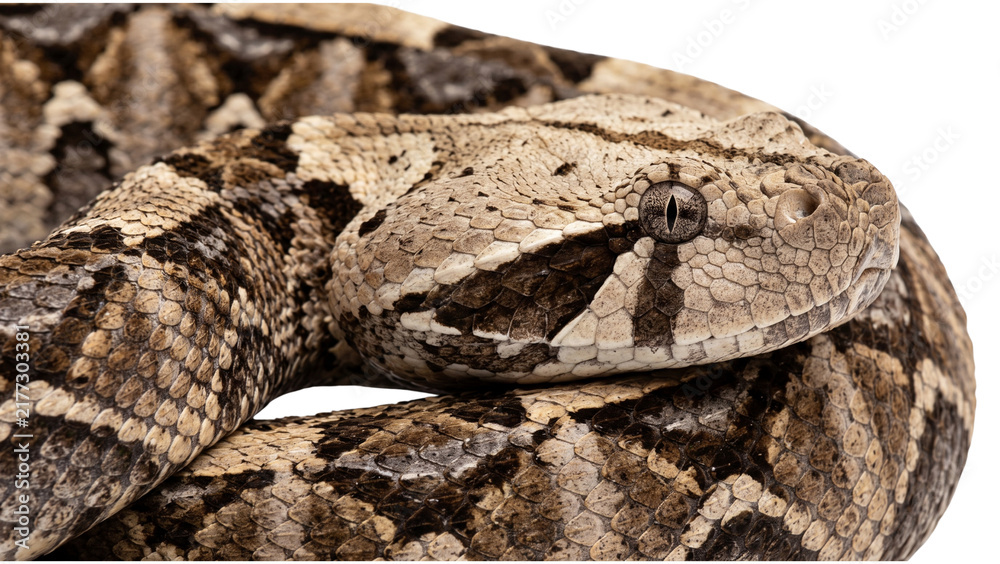 Obraz premium Gaboon viper portrait head snake closeup brown pattern scales venomous reptile isolated background for educational biology projects and wildlife nature study imagery
