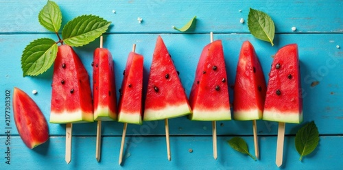Cute watermelon skewers on blue wood plank Perfect summer treat , tropical, cool