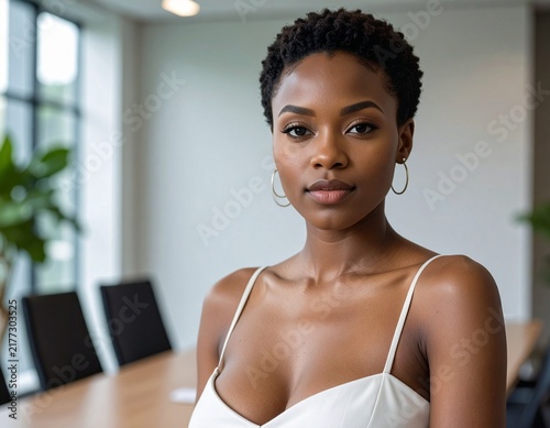 an african american professional woman with short hair wearing a white summer dress working in the meeting room in a modern office	