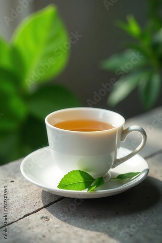 Elegant white tea set, fresh leaves, concrete , healthy, food photography, sophisticated