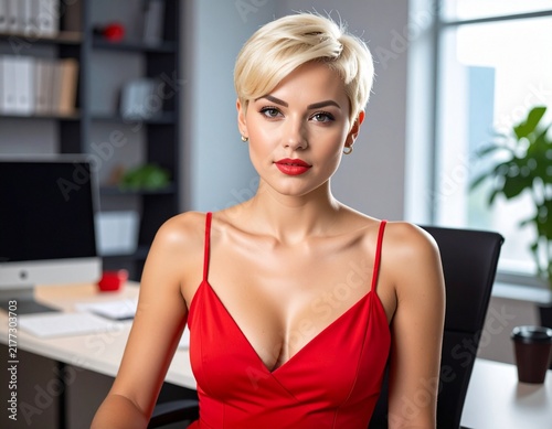 a blonde professional woman with short hair in a red summer dress working in the meeting room in a modern office	