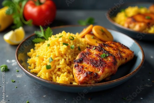 Golden fried plantains complement Jollof rice & grilled chicken Gray stone tabletop , rice, flavorful