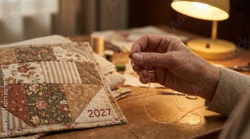 Artisan Hands Stitching Patchwork Quilt Fabric with Needle Stamped 2027