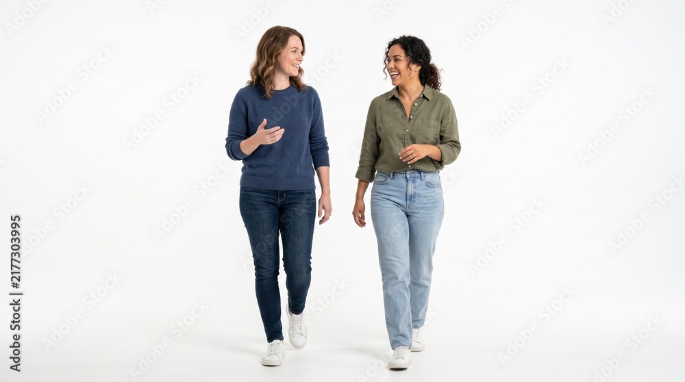 Obraz premium Two diverse women walking and talking together, smiling and looking at each other, isolated on white background