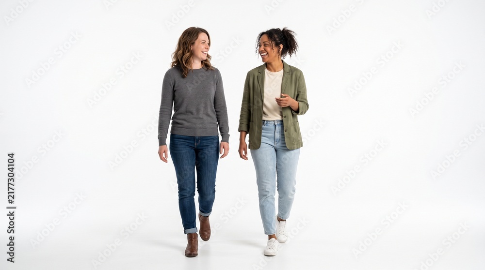 Obraz premium Two diverse professional women walking and talking together, smiling and looking at each other, isolated on white background