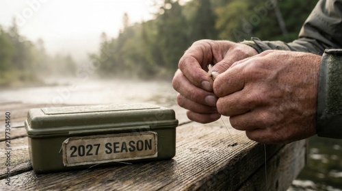 Fisherman Hands Opening Tackle Box Stamped 2027 Season by Misty River