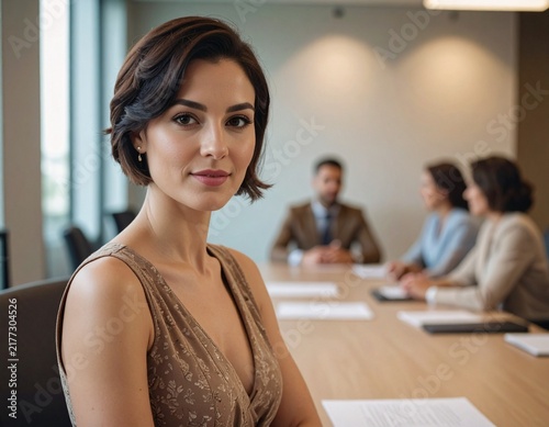 a brunette professional woman with short hair in a light brown beige summer dress working in the meeting room in a modern office	