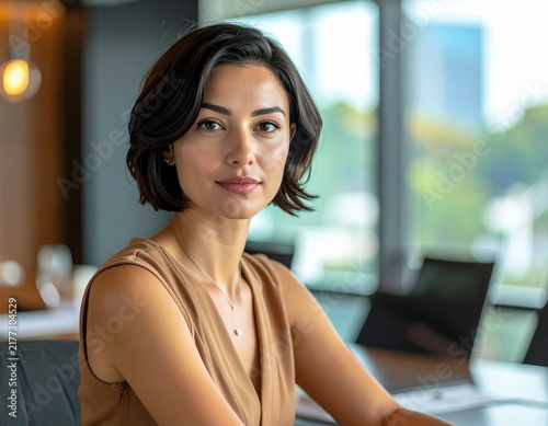 a brunette professional woman with short hair in a light brown beige summer dress working in the meeting room in a modern office	