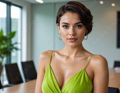 a brunette professional woman with short hair in a green summer dress working in a modern office	