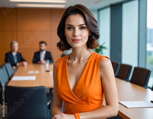 a brunette professional woman with short hair in an orange summer dress working in the meeting room in a modern office	