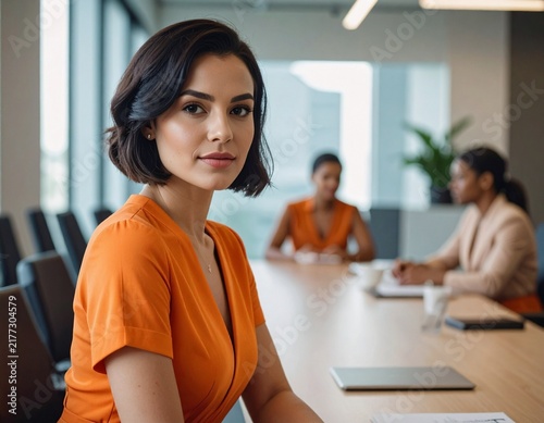 a brunette professional woman with short hair in an orange summer dress working in the meeting room in a modern office	