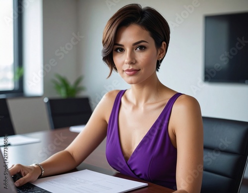 a brunette professional woman with short hair in a purple summer dress working in the meeting room in a modern office	