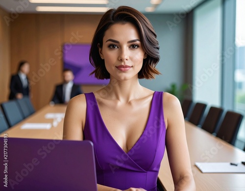 a brunette professional woman with short hair in a purple summer dress working in the meeting room in a modern office	