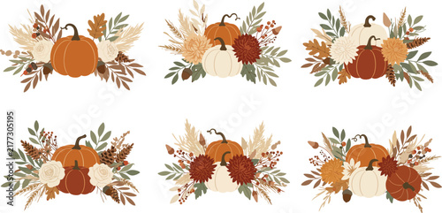 Set of six watercolor autumn pumpkin arrangements with dried flowers and foliage isolated on a white background for seasonal decor