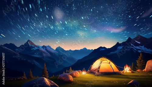 Night Camping In The Mountains Under A Starry Sky