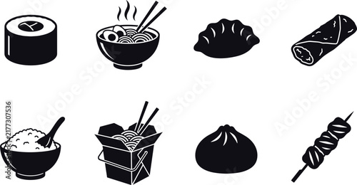 Collection of black Asian food silhouettes including sushi, noodles, dumplings, rice, spring rolls, and skewers for design