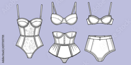 Bild auf Leinwand A technical fashion set featuring a one-piece bodysuit, a structured corset and