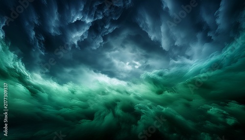 An Abstract Dark Green Texture Backdrop Features Swirling Motion And Fog Patterns Blending Into A Moody Nature Sky With Hints Of Light And Stormy Blue Clouds