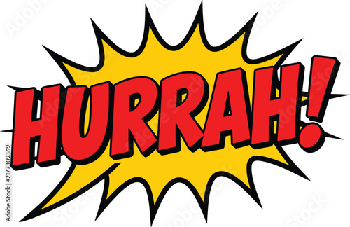 Hurrah speech bubble vector, vibrant yellow starburst speech balloon with bold red HURRAH text in comic book style for celebration, excitement, victory, promotions, stickers, posters, 