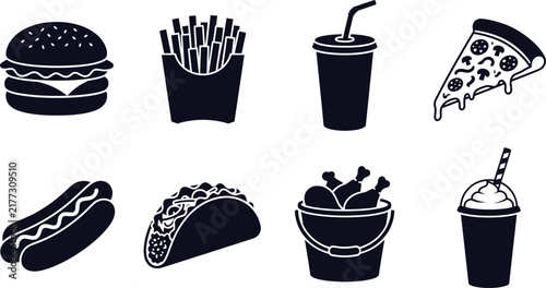 Collection of black fast food silhouettes including burger, fries, pizza, taco, hot dog, chicken, and drink icons