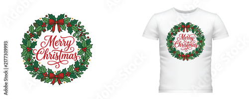 Merry Christmas Holly Wreath Graphic and White T-shirt Mockup