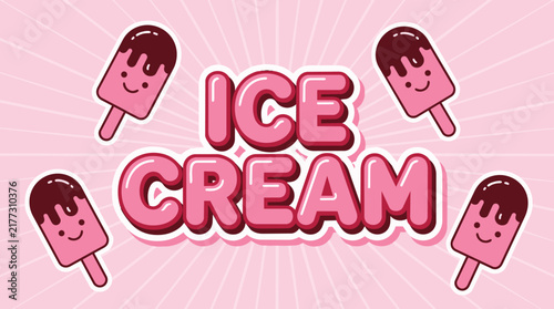 Cute cartoon ice cream vector graphic with text and kawaii popsicles