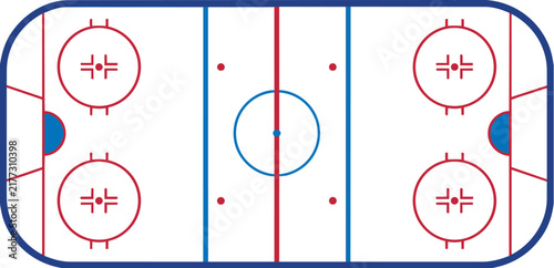 Topdown view of an ice hockey rink with standard markings, including faceoff circles, goals, blue lines, and red center line, isolated on white background