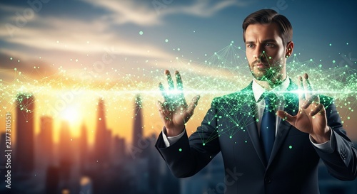 Man in Suit Interacting with Futuristic Digital Network Interface in Modern Cityscape at Sunset