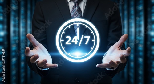 Man in Suit Offering 24/7 Service Symbol, Representing Constant Availability and Support