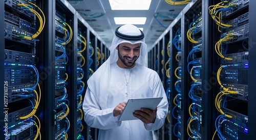 Man in Traditional Clothing Using Tablet in Modern Data Center with Server Racks and Cables