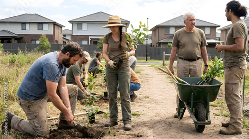 Diverse group of volunteers planting trees in park.