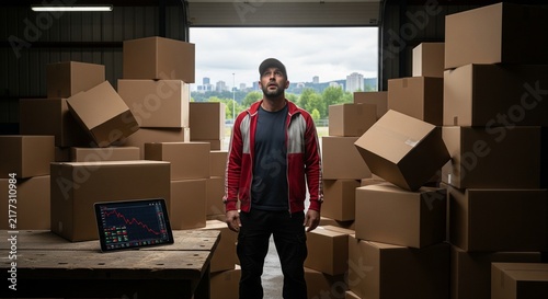 Man in Warehouse Surrounded by Cardboard Boxes Looks Up in Frustration Near Tablet Displaying Stock