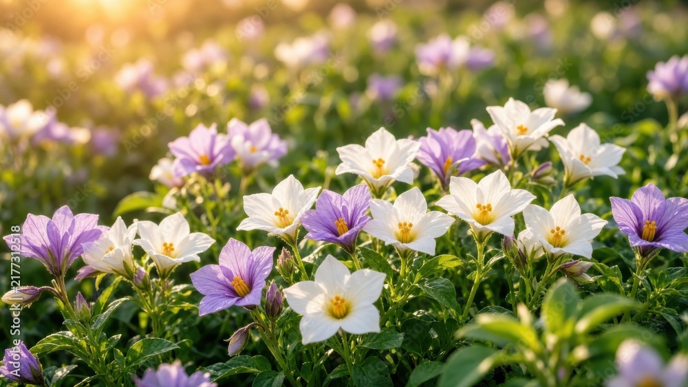 Obraz premium Purple and White Petunia Flowers Blooming in Sunny Garden