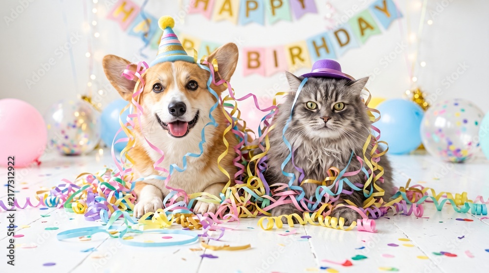 Fototapeta premium Funny Dog and Cat Tangled in Bright Birthday Ribbons