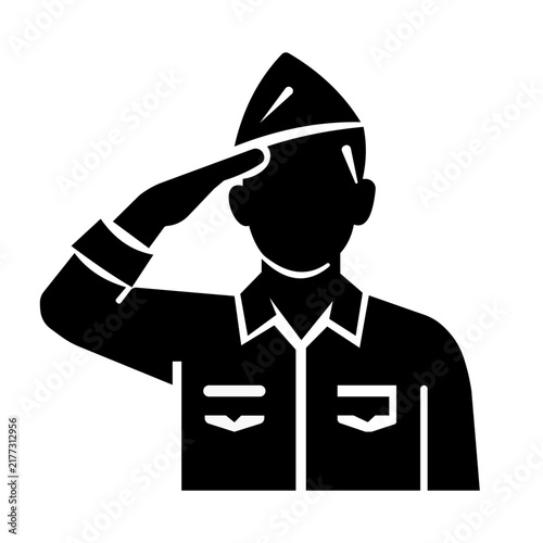 Solid black icon of a military soldier saluting in uniform with a cap, perfect for patriotic concepts