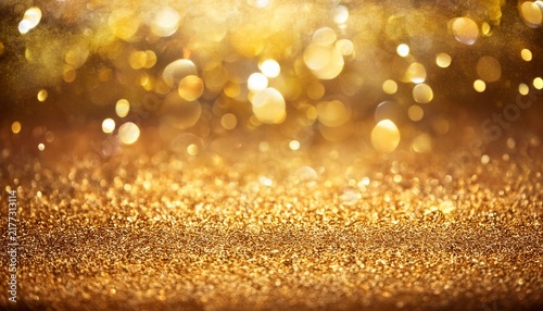 Gold Sparkling Festive Background With Noise Texture And Gold Flakes Bokeh And Defocused Holiday Christmas Card Or Winter Invitation Background